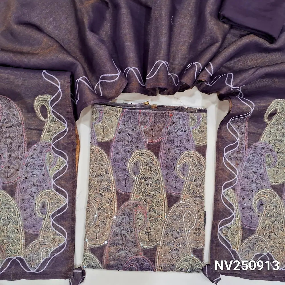 Deep wine purple tissue linen unstitched salwar material (lining needed) abstract print, embroidery work on front, matching santoon bottom, tissue linen dupatta with print, embroidery pallu. NV250913