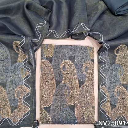 Sage green tissue linen unstitched salwar material (lining needed) abstract print, embroidery work on front, matching santoon bottom, tissue linen dupatta with print, embroidery pallu. NV250914