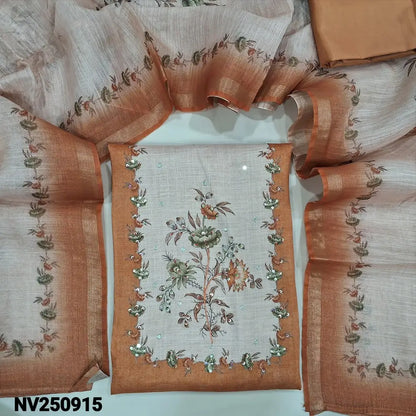 Dark peach tissue silk cotton unstitched salwar material,floral print, bead, sequins work on yoke(lining needed)  matching silky bottom,  digital printed tissue silk cotton dupatta. NV250915