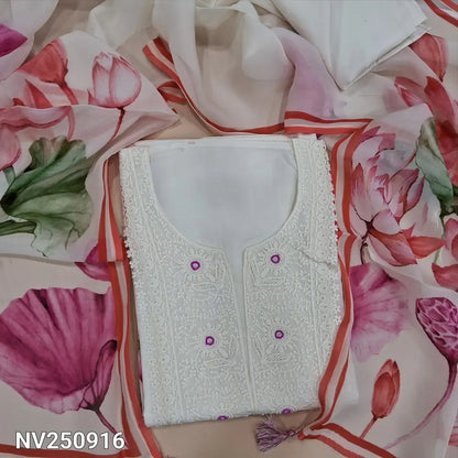 Half white pure maslin silk unstitched salwar material, embroidered, bead work on yoke(thin, lining needed) digital print daman, small cut work on front,  matching santoon bottom,  digital print organza short width dupatta. NV250916