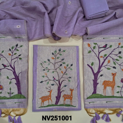 Lavender designer jamdani woven premium silk cotton unstitched salwar material, paithani weaving on yoke(lining needed)matching silk cotton bottom, jamdani woven premium silk cotton dupatta with paithani weaving pallu.  NV251001