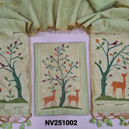 Pastel Green designer jamdani woven premium silk cotton unstitched salwar material, paithani weaving on yoke(lining needed)matching silk cotton bottom, jamdani woven premium silk cotton dupatta with paithani weaving pallu.  NV251002