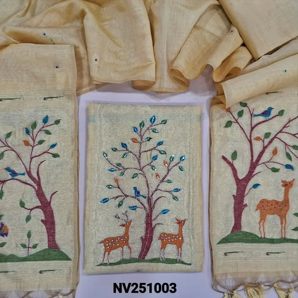 Beige designer jamdani woven premium silk cotton unstitched salwar material, paithani weaving on yoke(lining needed)matching silk cotton bottom, jamdani woven premium silk cotton dupatta with paithani weaving pallu.  NV251003