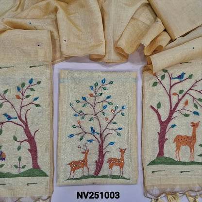 Beige designer jamdani woven premium silk cotton unstitched salwar material, paithani weaving on yoke(lining needed)matching silk cotton bottom, jamdani woven premium silk cotton dupatta with paithani weaving pallu.  NV251003