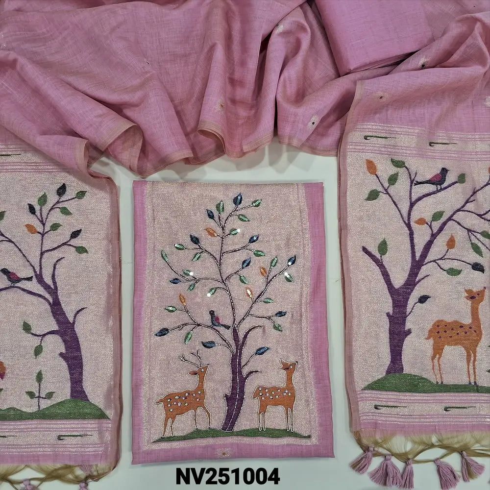 Pastel pink designer jamdani woven premium silk cotton unstitched salwar material, paithani weaving on yoke(lining needed)matching silk cotton bottom, jamdani woven premium silk cotton dupatta with paithani weaving pallu.  NV251004