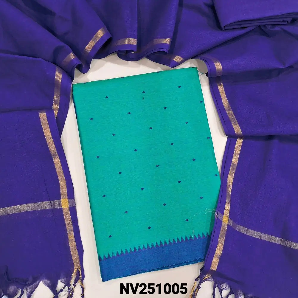 Turquoise blue handloom cotton  unstitched salwar material (lining needed) thread buttas allover, royal blue cotton bottom, royal blue handloom cotton dupatta with golden borders & tassels. NV251005