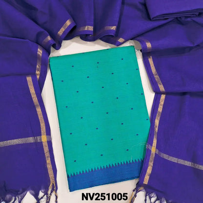 Turquoise blue handloom cotton  unstitched salwar material (lining needed) thread buttas allover, royal blue cotton bottom, royal blue handloom cotton dupatta with golden borders & tassels. NV251005