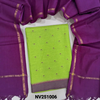 Bright green handloom cotton  unstitched salwar material (lining needed) thread buttas allover, purple cotton bottom, purple handloom cotton dupatta with golden borders & tassels. NV251006