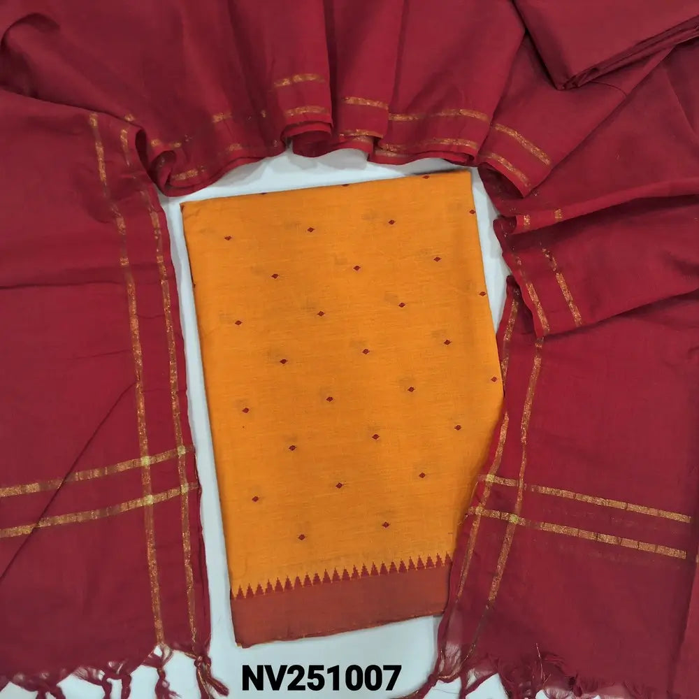 Orange handloom cotton  unstitched salwar material (lining needed) thread buttas allover, turquoise green cotton bottom, dark blue handloom cotton  dupatta with golden borders & tassels. NV251007