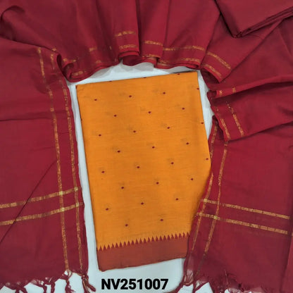 Orange handloom cotton  unstitched salwar material (lining needed) thread buttas allover, turquoise green cotton bottom, dark blue handloom cotton  dupatta with golden borders & tassels. NV251007