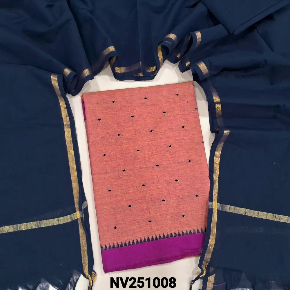 Onion pink handloom cotton unstitched salwar material (lining needed) thread buttas allover, turquoise green cotton bottom, dark blue handloom cotton  dupatta with golden borders & tassels. NV251008