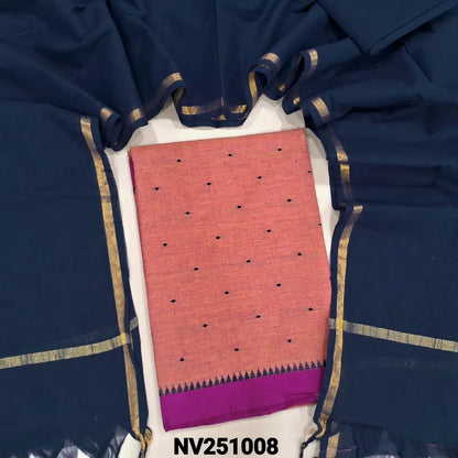 Onion pink handloom cotton unstitched salwar material (lining needed) thread buttas allover, turquoise green cotton bottom, dark blue handloom cotton  dupatta with golden borders & tassels. NV251008