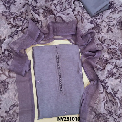Greyish lavender fancy silk unstitched salwar material (lining needed) potli buttons on yoke, real mirror work on front, matching silky bottom, floral printed kota silk dupatta. NV251012