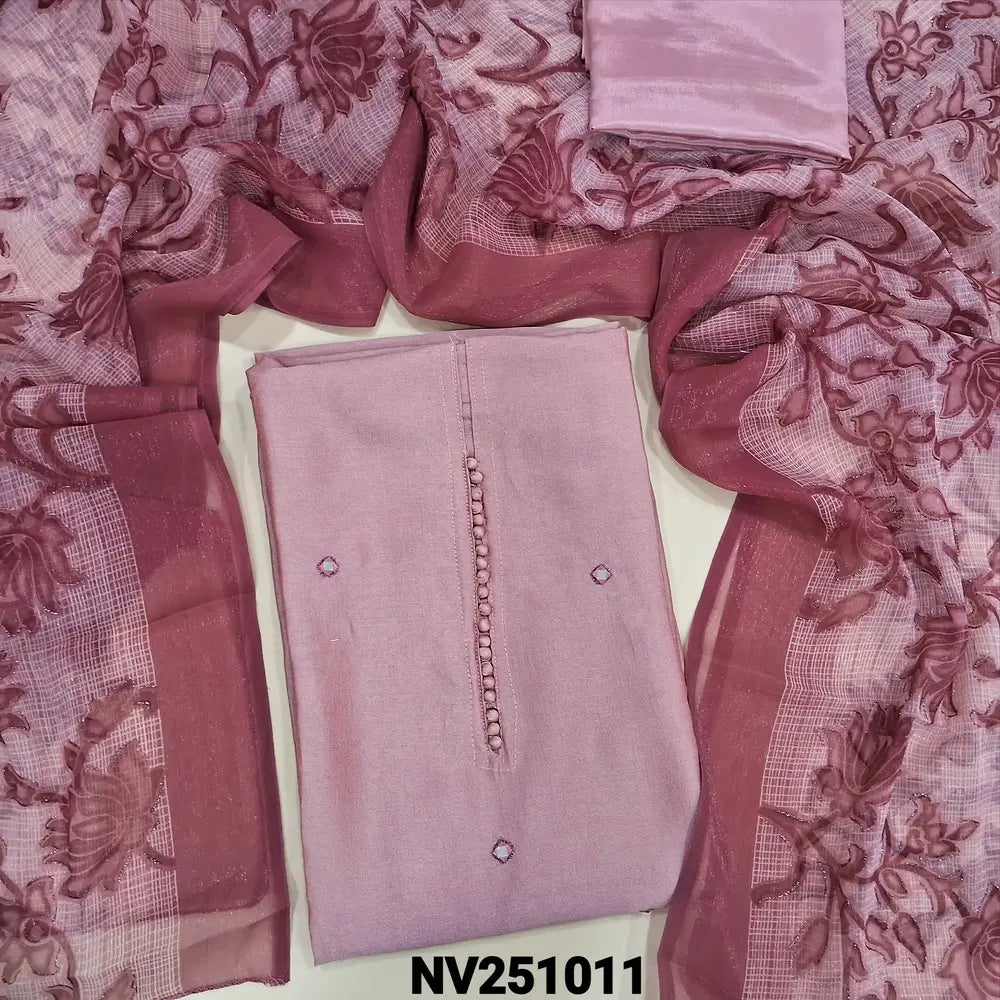 Pastel pink fancy silk unstitched salwar material (lining needed) potli buttons on yoke, real mirror work on front, matching silky bottom, floral printed kota silk dupatta. NV251011