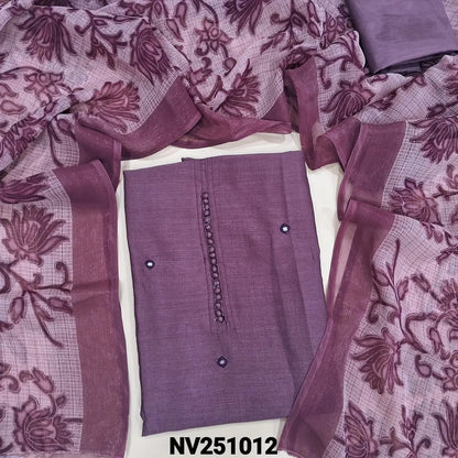 Dark mauve fancy silk unstitched salwar material (lining needed) potli buttons on yoke, real mirror work on front, matching silky bottom, floral printed kota silk dupatta. NV251010