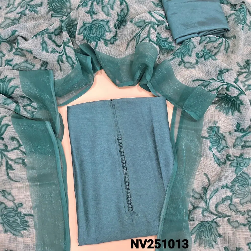 Pastel blue fancy silk unstitched salwar material (lining needed) potli buttons on yoke, real mirror work on front, matching silky bottom, floral printed kota silk dupatta. NV251013