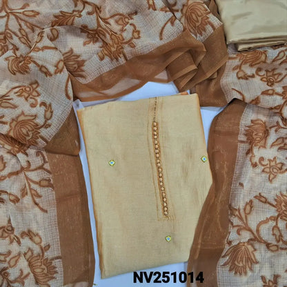 Sandal Yellow fancy silk unstitched salwar material (lining needed) potli buttons on yoke, real mirror work on front, matching silky bottom, floral printed kota silk dupatta. Nv251014
