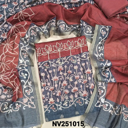 Light maroon premium soft silk cotton unstitched salwar material (lining needed) hand embroidery on daman, bead work on yoke, matching santoon bottom, digital print, hand embroider work on silk cotton dupatta. NV251015