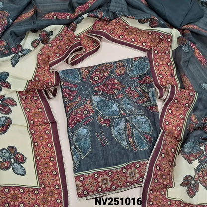 Digital printed dark grey pure russian silk semi stitched salwar material (lining needed) bead, zardozi work on front, matching  silky bottom,  digital printed short width russian silk dupatta. NV251016