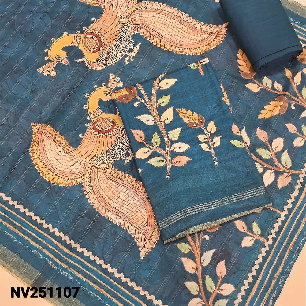 Teal Blue digital printed premium silk cotton unstitched salwar material (lining needed), sequins work on front, matching silky bottom, digital printed  silk cotton dupatta. NV251107