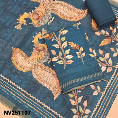 Teal Blue digital printed premium silk cotton unstitched salwar material (lining needed), sequins work on front, matching silky bottom, digital printed  silk cotton dupatta. NV251107