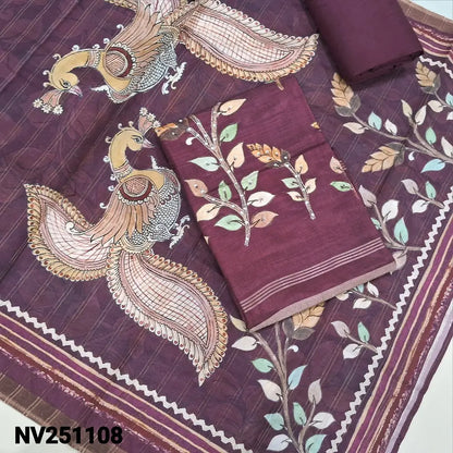 Beetroot purple digital printed premium silk cotton unstitched salwar material (lining needed), sequins work on front, matching silky bottom, digital printed  silk cotton dupatta. NV251108