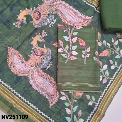 Olive Green digital printed premium silk cotton unstitched salwar material (lining needed), sequins work on front, matching silky bottom, digital printed  silk cotton dupatta. NV251109