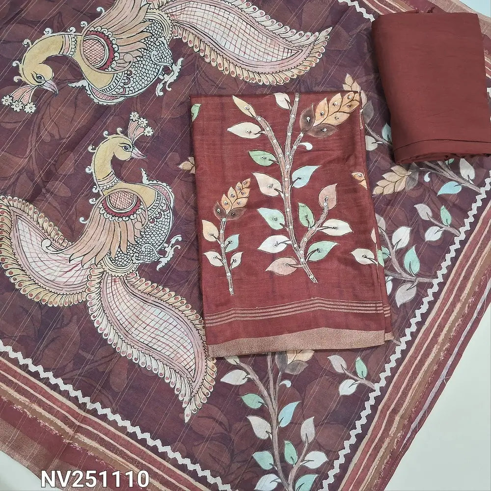 Light maroon digital printed premium silk cotton unstitched salwar material (lining needed), sequins work on front, matching silky bottom, digital printed  silk cotton dupatta. NV251110