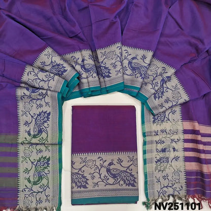 Dual shade purple south mercerized handloom cotton unstitched salwar material(thin, lining needed) with contrast peacock thread woven border, bottom included with top, mercerized handloom cotton dupatta with thread woven borders & tassels. NV251101