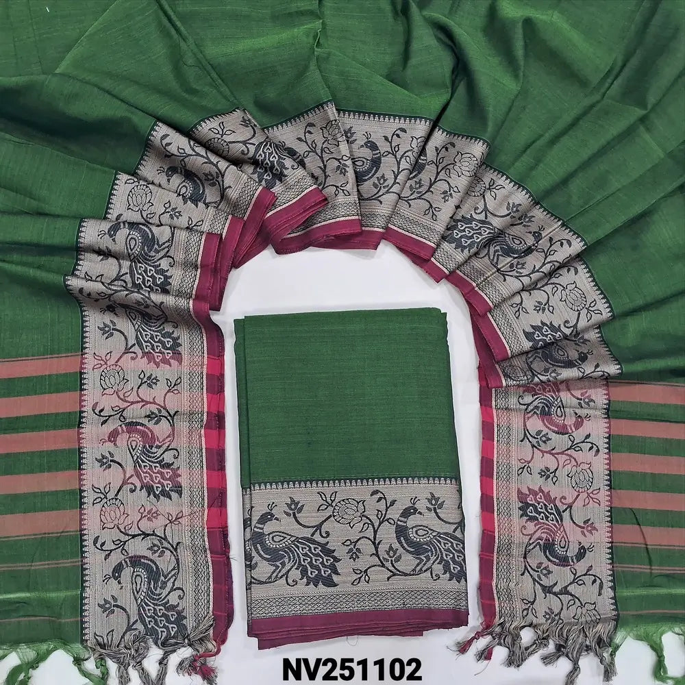 Green south mercerized handloom cotton unstitched salwar material(thin, lining needed) with contrast peacock thread woven border, bottom included with top, mercerized handloom cotton dupatta with thread woven borders & tassels. NV251102