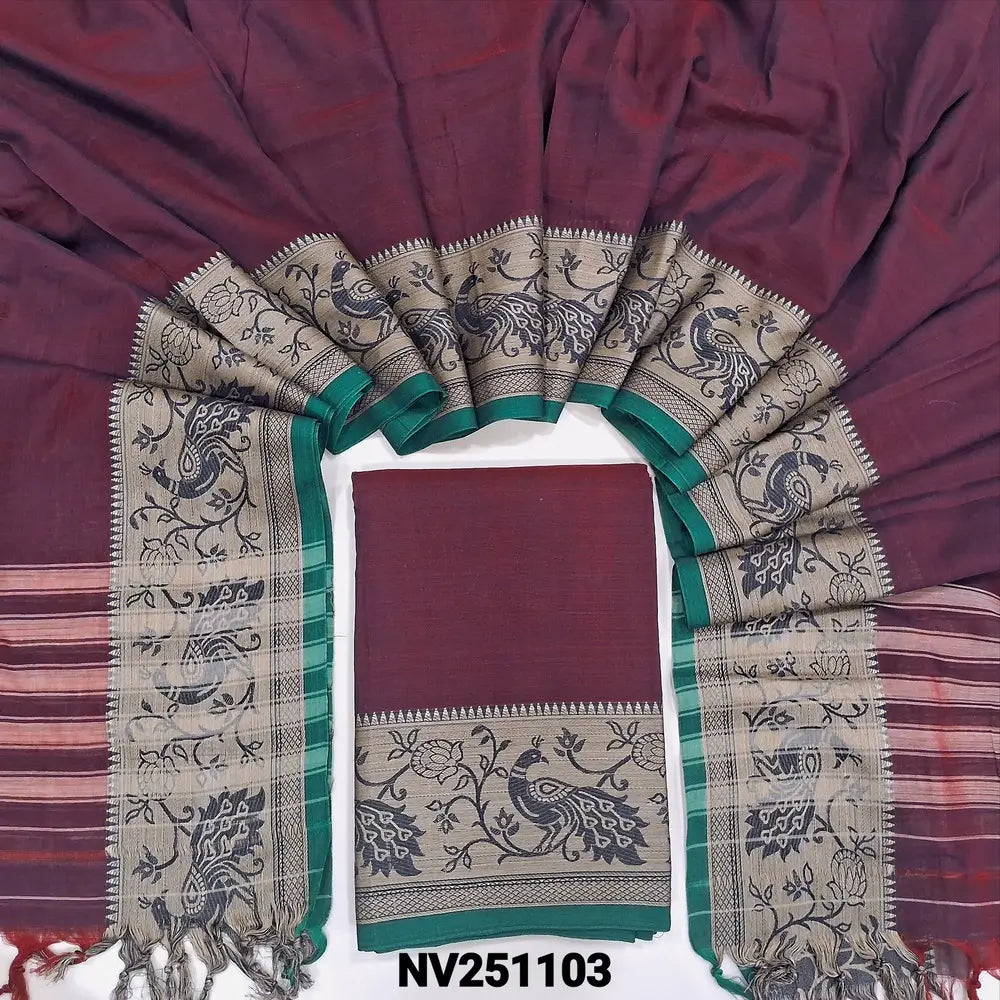 Maroon south mercerized handloom cotton unstitched salwar material(thin, lining needed) with contrast peacock thread woven border, bottom included with top, mercerized handloom cotton dupatta with thread woven borders & tassels. NV251103