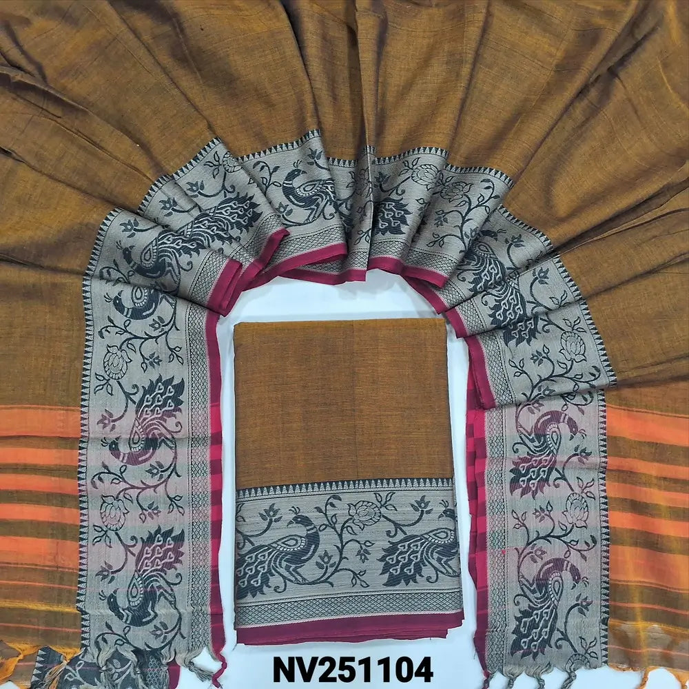 Mehandhi yellow south mercerized handloom cotton unstitched salwar material(thin, lining needed) with contrast peacock thread woven border, bottom included with top, mercerized handloom cotton dupatta with thread woven borders & tassels. NV251104