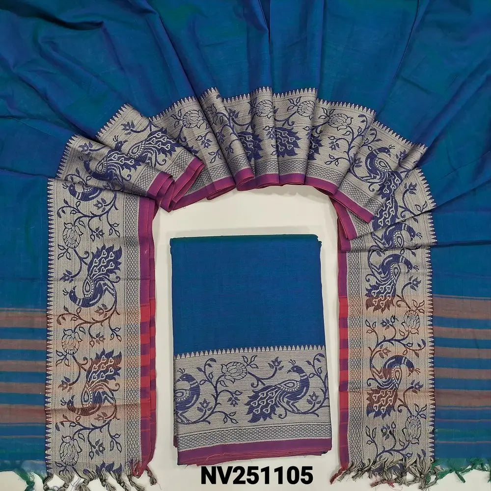 Dual shade blue south mercerized handloom cotton unstitched salwar material(thin, lining needed) with contrast peacock thread woven border, bottom included with top, mercerized handloom cotton dupatta with thread woven borders & tassels. NV251105