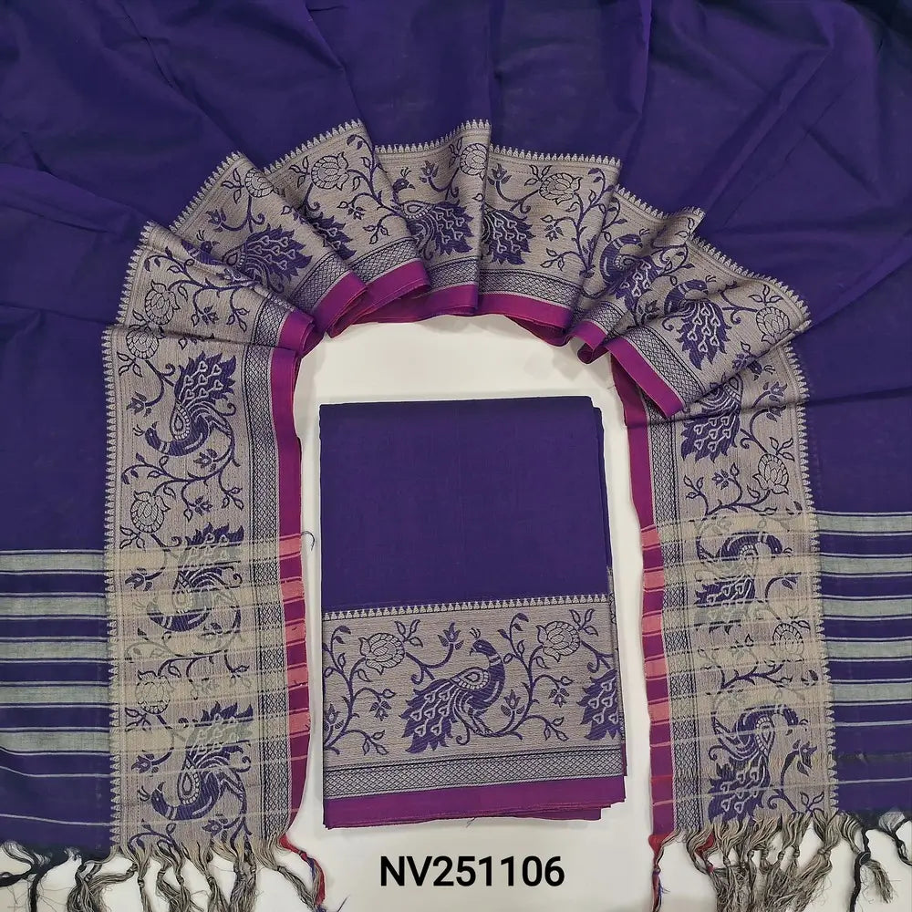 Violet south mercerized handloom cotton unstitched salwar material(thin, lining needed) with contrast peacock thread woven border, bottom included with top, mercerized handloom cotton dupatta with thread woven borders & tassels. NV251106