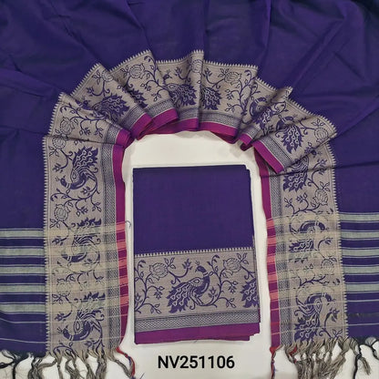 Violet south mercerized handloom cotton unstitched salwar material(thin, lining needed) with contrast peacock thread woven border, bottom included with top, mercerized handloom cotton dupatta with thread woven borders & tassels. NV251106