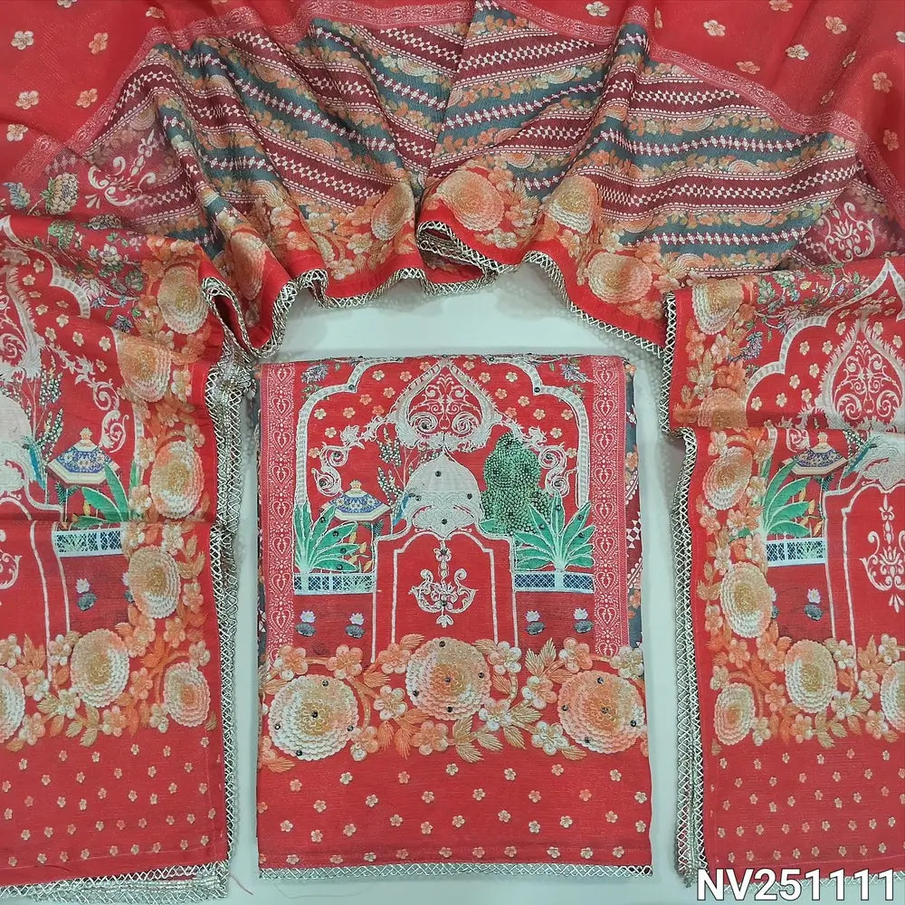 Bright Orange tissue silk cotton unstitched salwar material (silky, lining needed) Karachi design, zari, sequins work on front, matching santoon bottom, digital printed short width tissue silk cotton dupatta. NV251111