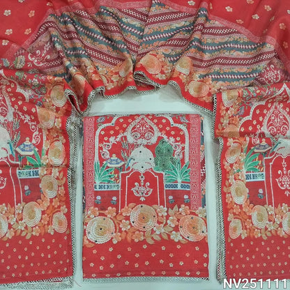 Bright Orange tissue silk cotton unstitched salwar material (silky, lining needed) Karachi design, zari, sequins work on front, matching santoon bottom, digital printed short width tissue silk cotton dupatta. NV251111