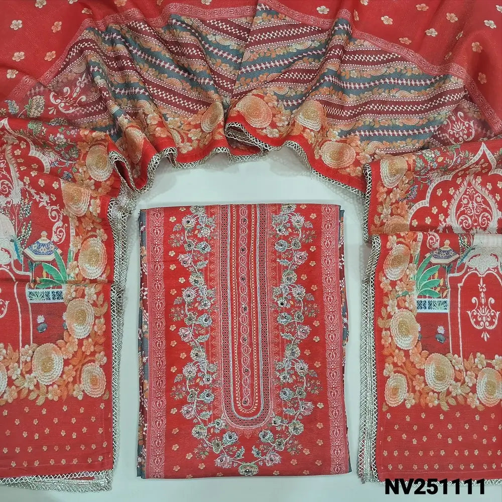 Bright Orange tissue silk cotton unstitched salwar material (silky, lining needed) Karachi design, zari, sequins work on front, matching santoon bottom, digital printed short width tissue silk cotton dupatta. NV251111