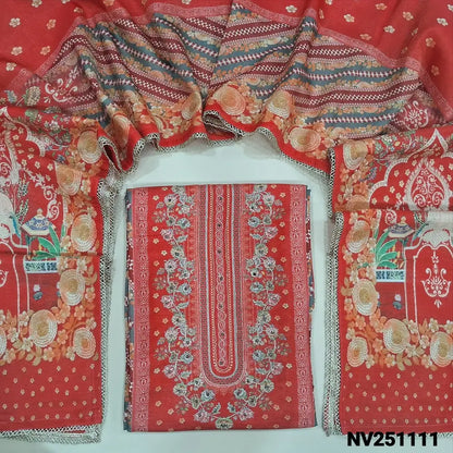 Bright Orange tissue silk cotton unstitched salwar material (silky, lining needed) Karachi design, zari, sequins work on front, matching santoon bottom, digital printed short width tissue silk cotton dupatta. NV251111