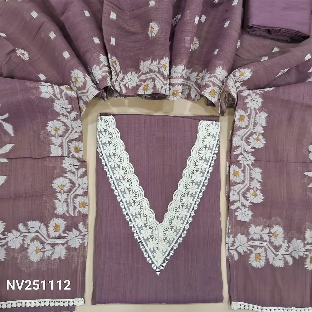 Dark mauve fancy silk cotton unstitched salwar material (silky, lining needed) real mirror, lace work on v neck line,  matching silky bottom,  jamdani woven short width fancy silk cotton dupatta with lace tapings. NV251115.