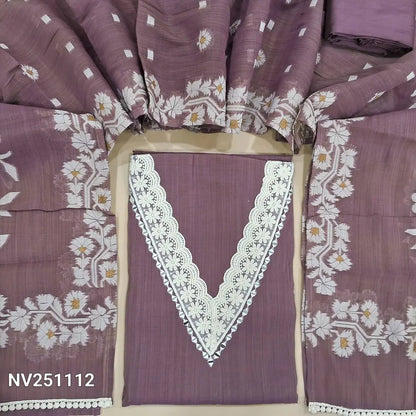 Dark mauve fancy silk cotton unstitched salwar material (silky, lining needed) real mirror, lace work on v neck line,  matching silky bottom,  jamdani woven short width fancy silk cotton dupatta with lace tapings. NV251115.