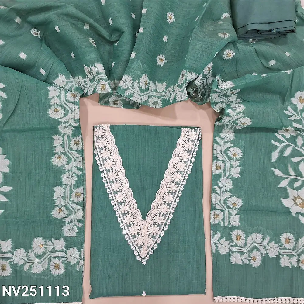 Blue fancy silk cotton unstitched salwar material (silky, lining needed) real mirror, lace work on v neck line,  matching silky bottom,  jamdani woven short width fancy silk cotton dupatta with lace tapings. NV251113