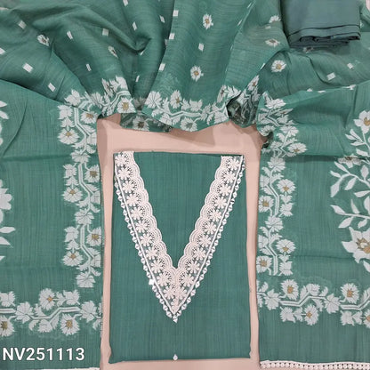 Blue fancy silk cotton unstitched salwar material (silky, lining needed) real mirror, lace work on v neck line,  matching silky bottom,  jamdani woven short width fancy silk cotton dupatta with lace tapings. NV251113