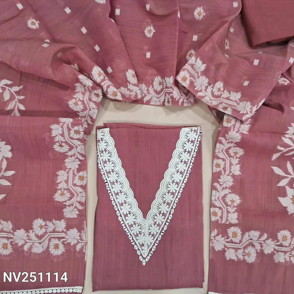 Pink fancy silk cotton unstitched salwar material (silky, lining needed) real mirror, lace work on v neck line,  matching silky bottom,  jamdani woven short width fancy silk cotton dupatta with lace tapings. NV251114