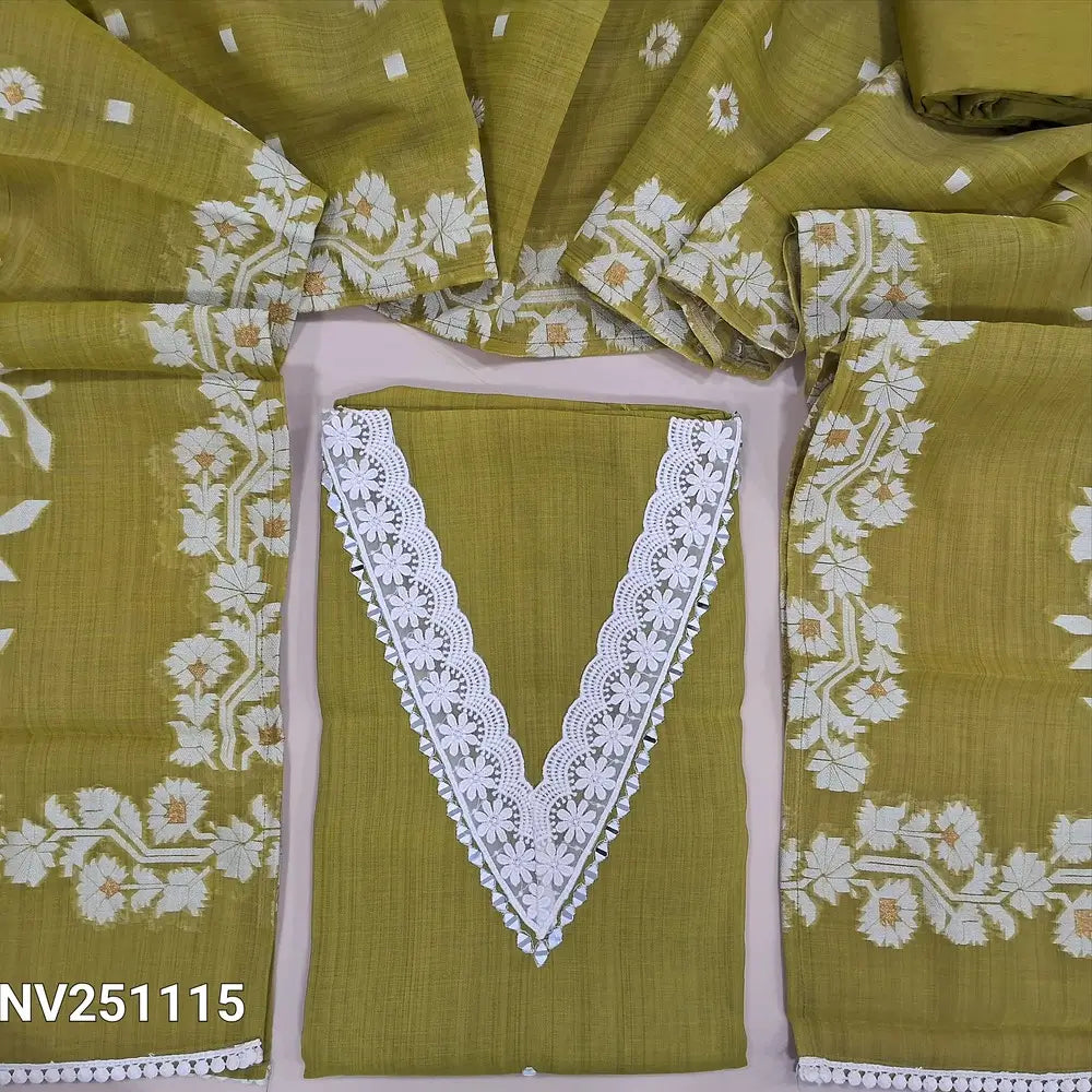 Mehandhi green fancy silk cotton unstitched salwar material (silky, lining needed) real mirror, lace work on v neck line,  matching silky bottom,  jamdani woven short width fancy silk cotton dupatta with lace tapings. NV251112