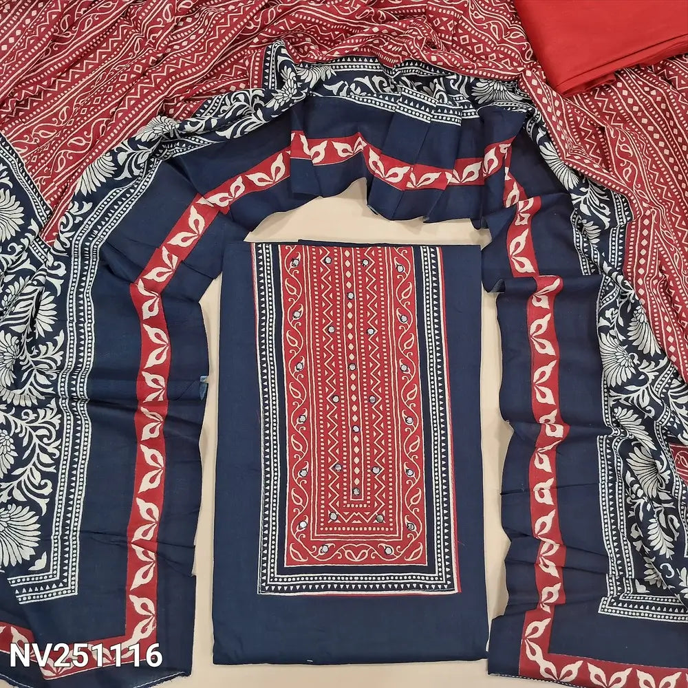 Dark blue rayon unstitched salwar material, printed patch and faux mirror work on yoke,(shiny, lining optional), red spun cotton bottom, ajrak printed rayon full length dupatta. NV251116