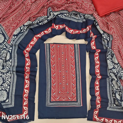 Dark blue rayon unstitched salwar material, printed patch and faux mirror work on yoke,(shiny, lining optional), red spun cotton bottom, ajrak printed rayon full length dupatta. NV251116