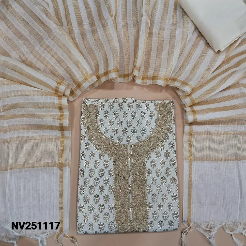 Half white premium cotton unstitched salwar material (lining needed) heavy zari design on yoke, matching silk cotton bottom, zari lines on fancy kota silk cotton dupatta. NV251117