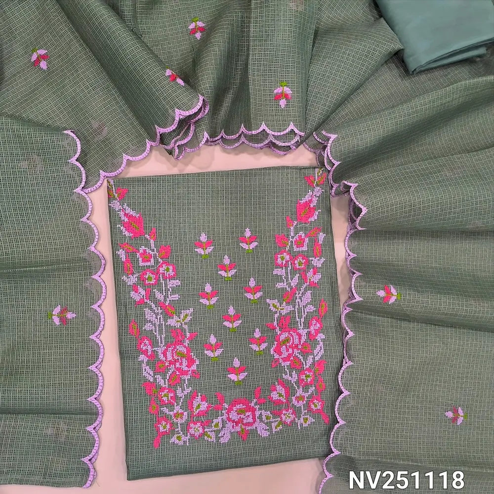 Sage green fancy kota silk cotton unstitched salwar material (lining needed) cross stitch embroidery work on yoke,  matching silky bottom, embroidery work on kota silk cotton dupatta. NV251118