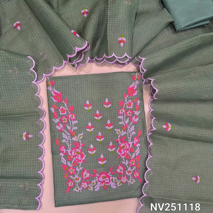 Sage green fancy kota silk cotton unstitched salwar material (lining needed) cross stitch embroidery work on yoke,  matching silky bottom, embroidery work on kota silk cotton dupatta. NV251118